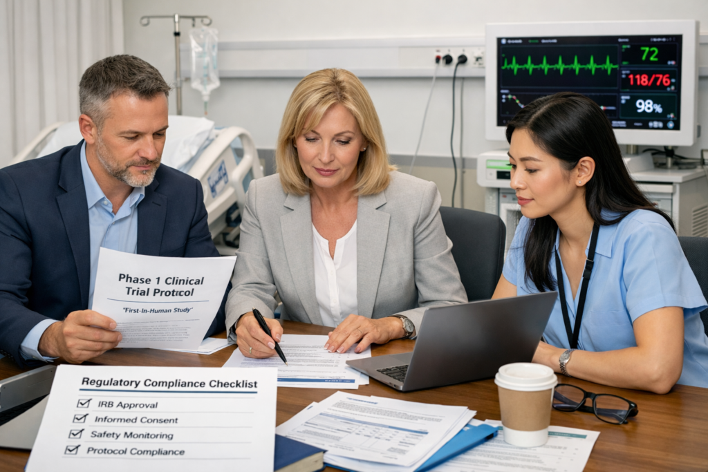 Sponsor team preparing for a first-in-human trial with protocol planning and safety monitoring in a clinical unit