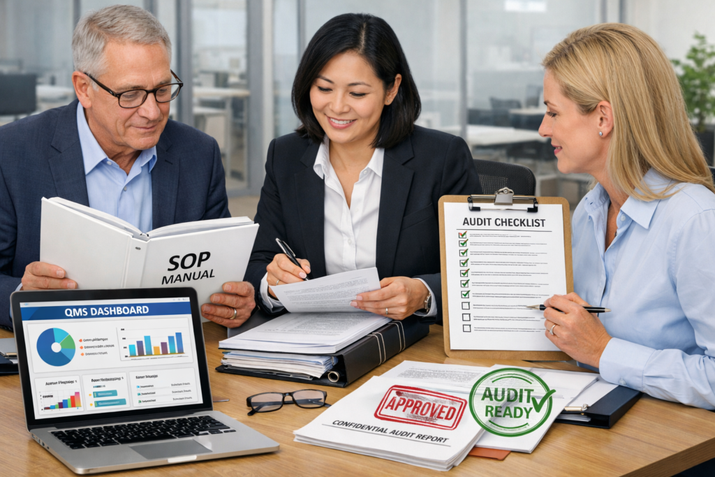 CRO quality assurance team preparing audit documentation and compliance checklist for year-round inspection readiness