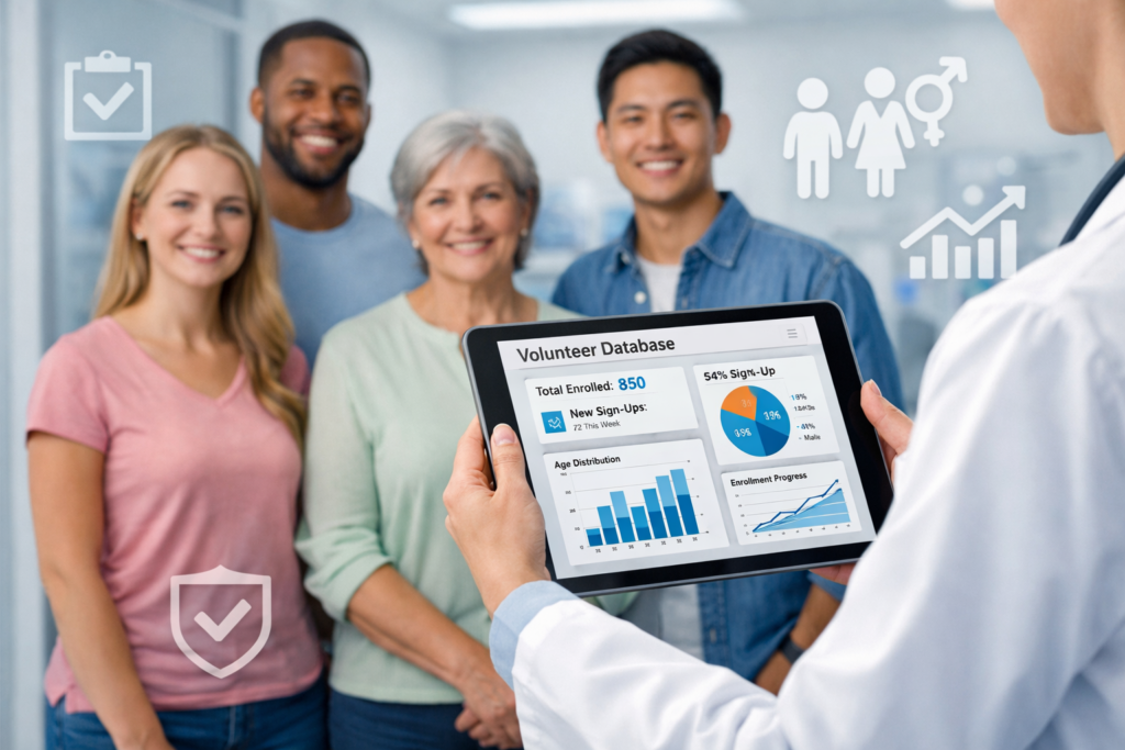 Clinical trial volunteers reviewing a volunteer database and enrollment data on a tablet
