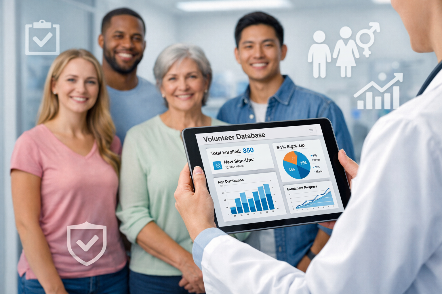 Clinical trial volunteers reviewing a volunteer database and enrollment data on a tablet