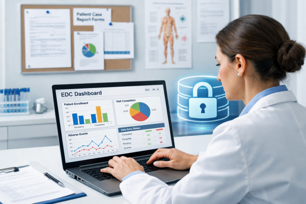 Clinical researcher reviewing electronic data capture dashboard and patient trial data on a laptop