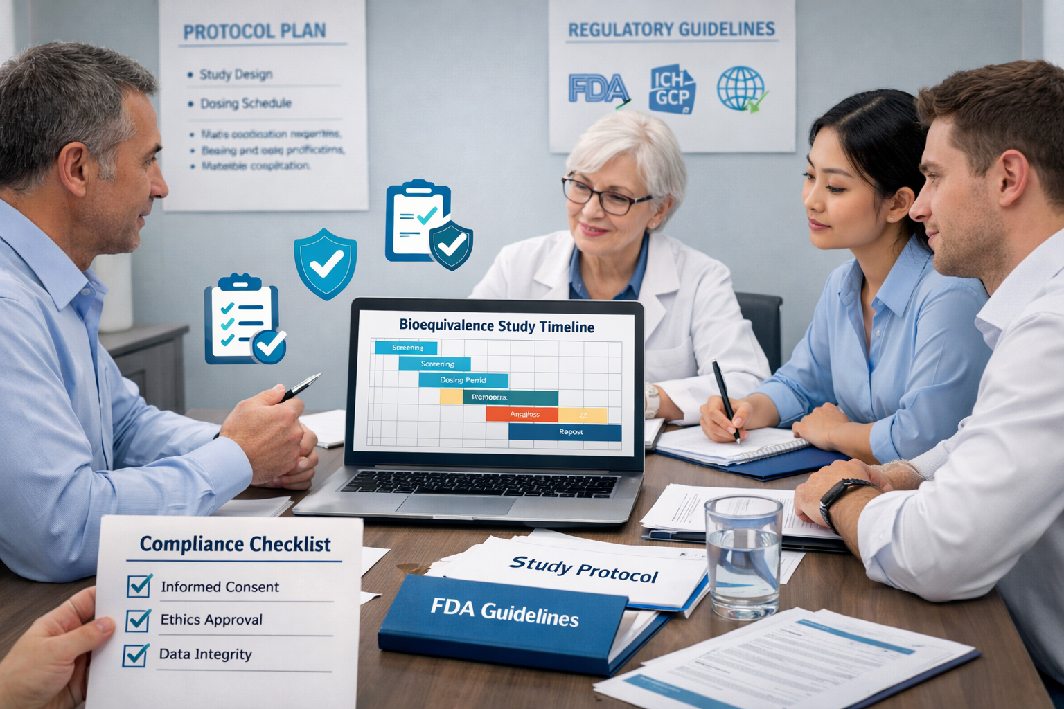 Bioequivalence study team reviewing clinical trial protocols, FDA guidelines, and compliance checklist