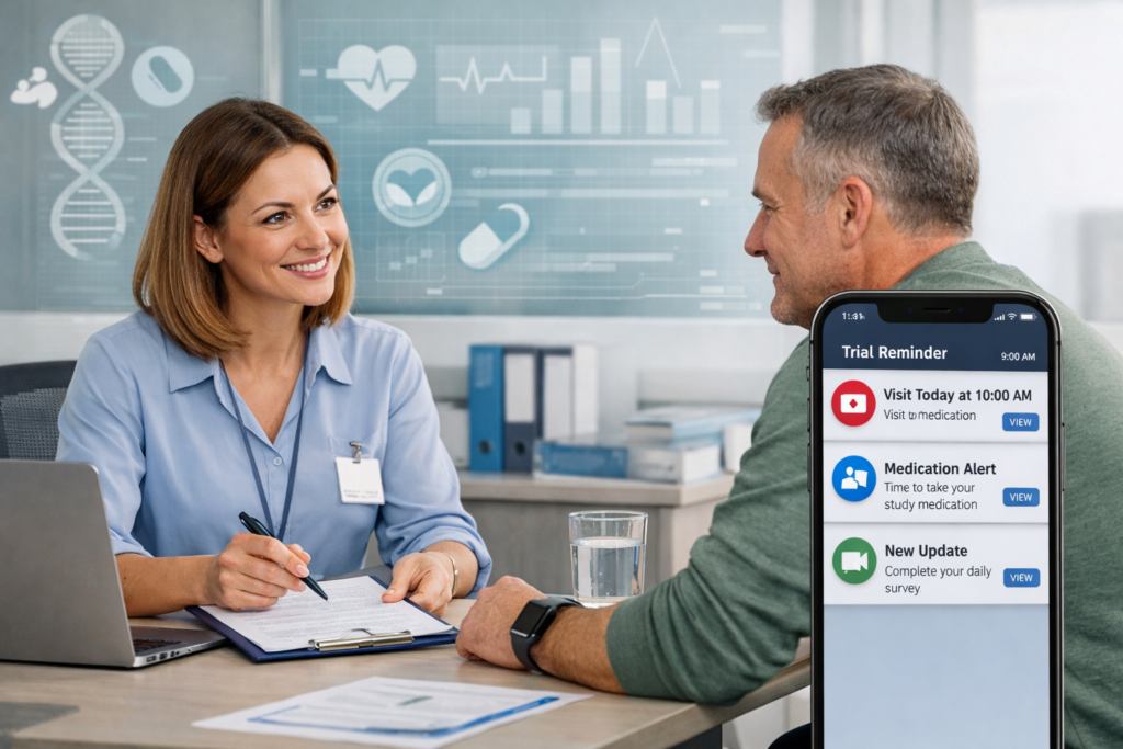 Clinical trial coordinator discussing ongoing subject engagement with a participant using trial reminders