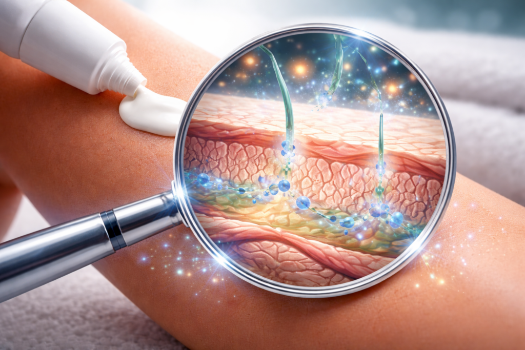 Microscopic view of topical drug absorption through the skin layers