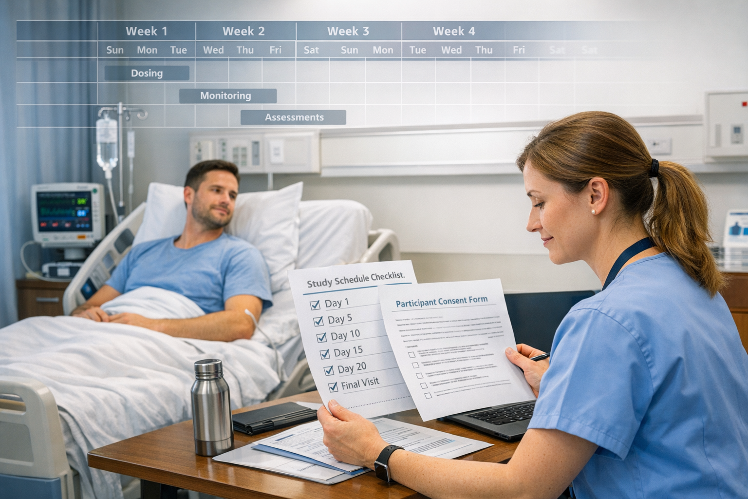 CRO patient recruitment for long in-house clinical trial stays with study schedules and participant consent